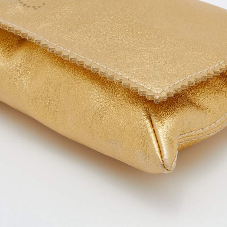 Pre Owned CH Carolina Herrera Metallic Gold Perforated Logo Leather Flap Tassel Shoulder Bag