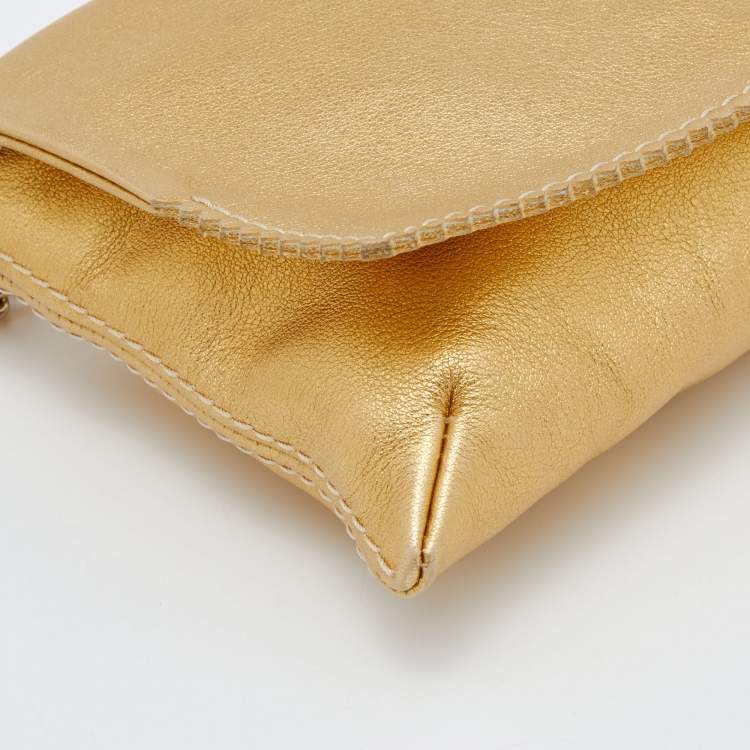 Pre Owned CH Carolina Herrera Metallic Gold Perforated Logo Leather Flap Tassel Shoulder Bag