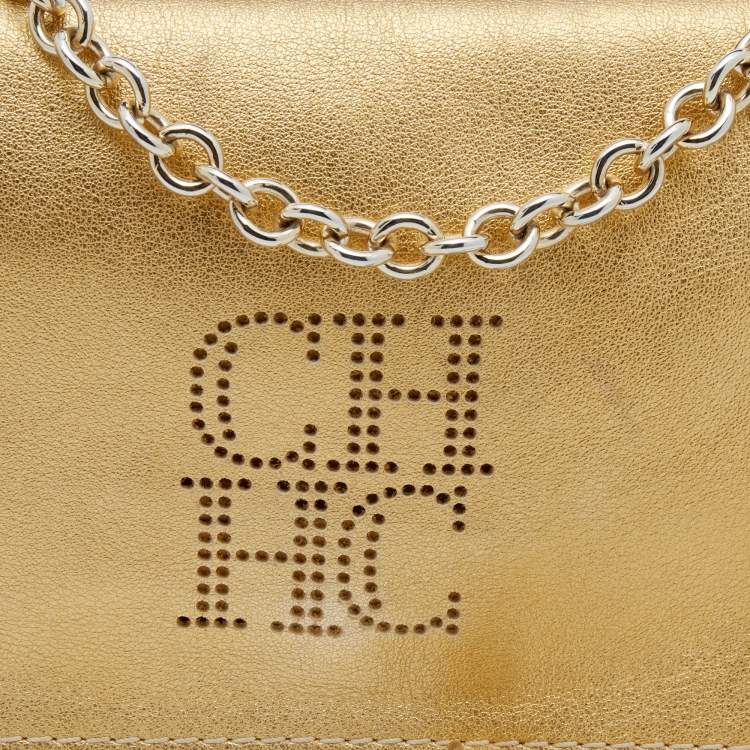 Pre Owned CH Carolina Herrera Metallic Gold Perforated Logo Leather Flap Tassel Shoulder Bag