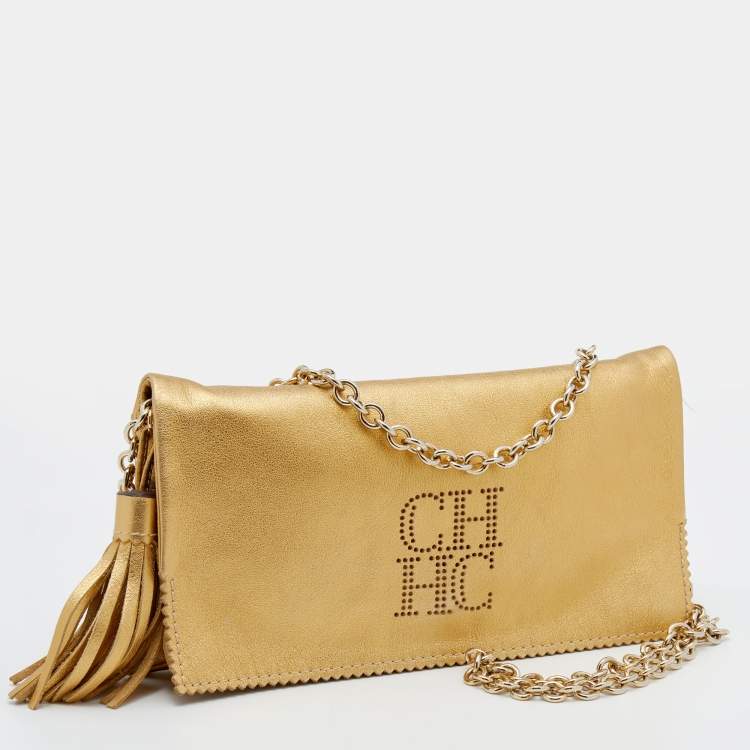 Pre Owned CH Carolina Herrera Metallic Gold Perforated Logo Leather Flap Tassel Shoulder Bag