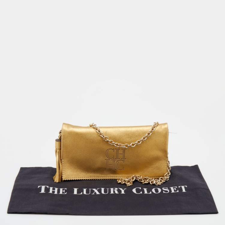Pre Owned CH Carolina Herrera Metallic Gold Perforated Logo Leather Flap Tassel Shoulder Bag
