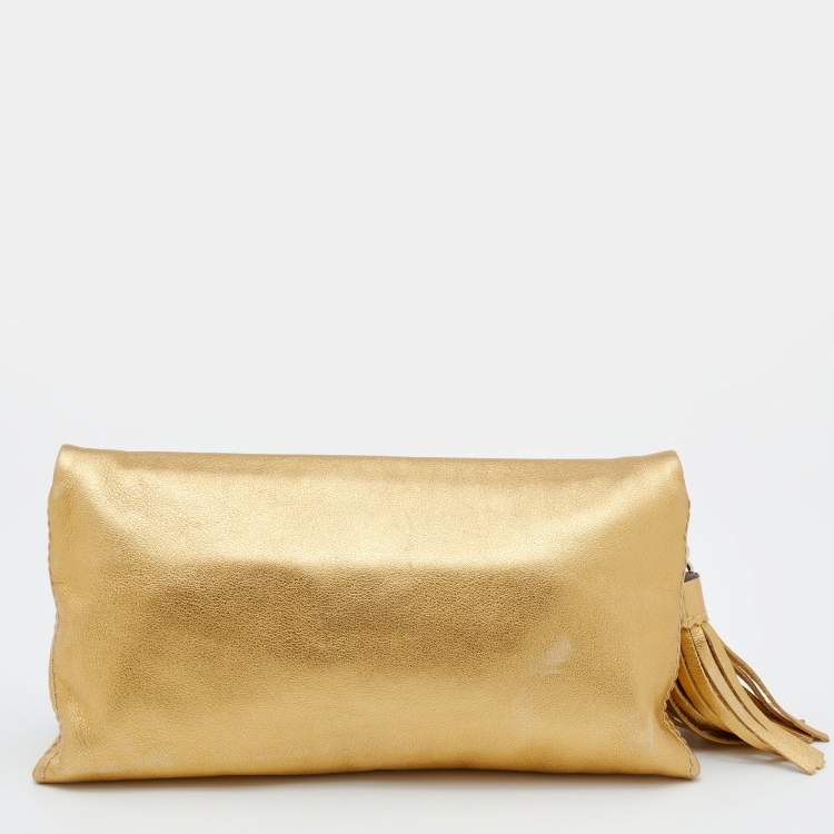 Pre Owned CH Carolina Herrera Metallic Gold Perforated Logo Leather Flap Tassel Shoulder Bag