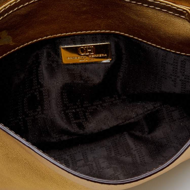 Pre Owned CH Carolina Herrera Metallic Gold Perforated Logo Leather Flap Tassel Shoulder Bag