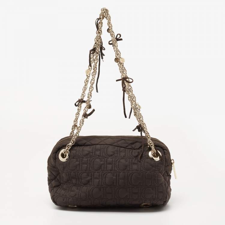 Pre Owned CH Carolina Herrera Brown Quilted Nylon Chain Shoulder Bag