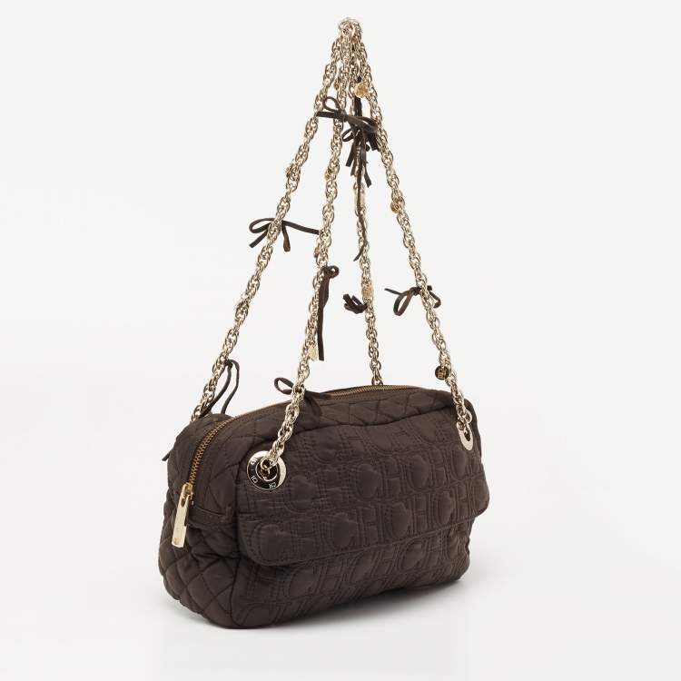 Pre Owned CH Carolina Herrera Brown Quilted Nylon Chain Shoulder Bag