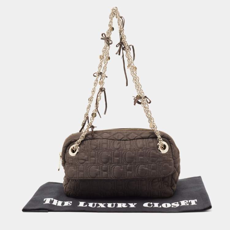 Pre Owned CH Carolina Herrera Brown Quilted Nylon Chain Shoulder Bag
