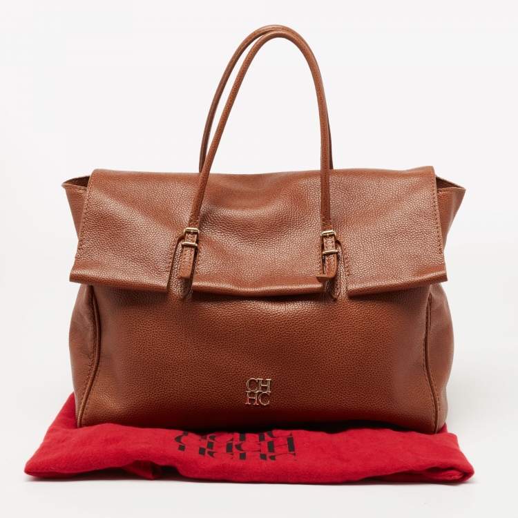 Pre Owned CH Carolina Herrera Brown Leather Flap Tote