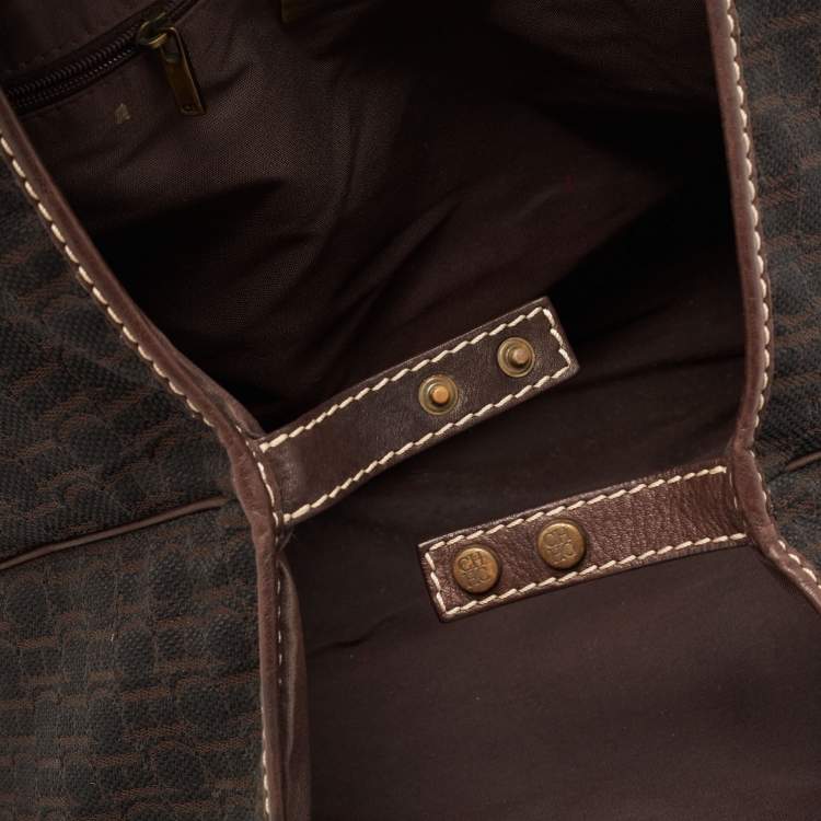 Pre Owned CH Carolina Herrera Dark Brown Monogram Canvas and Leather Front Pocket Tote