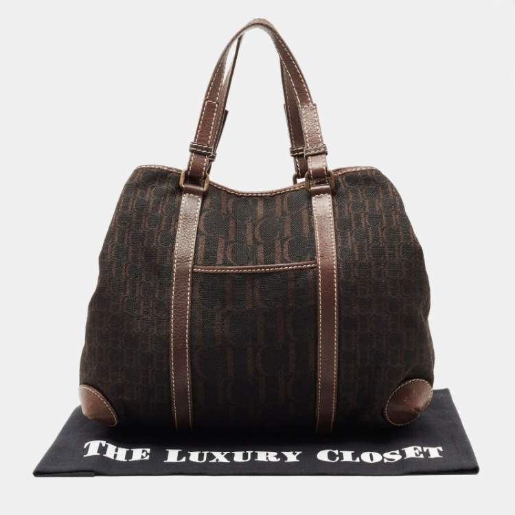 Pre Owned CH Carolina Herrera Dark Brown Monogram Canvas and Leather Front Pocket Tote