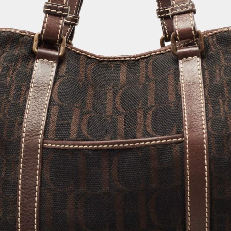 Pre Owned CH Carolina Herrera Dark Brown Monogram Canvas and Leather Front Pocket Tote
