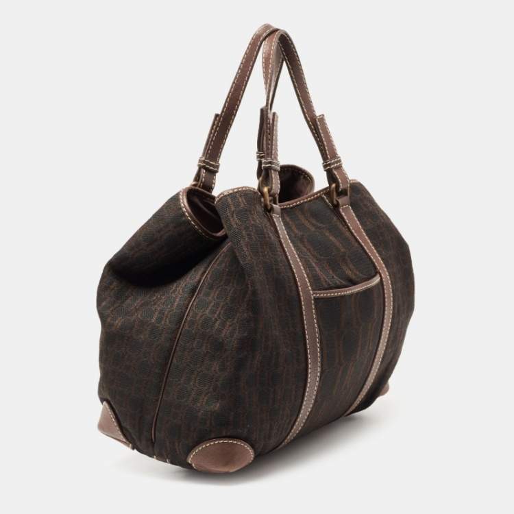 Pre Owned CH Carolina Herrera Dark Brown Monogram Canvas and Leather Front Pocket Tote