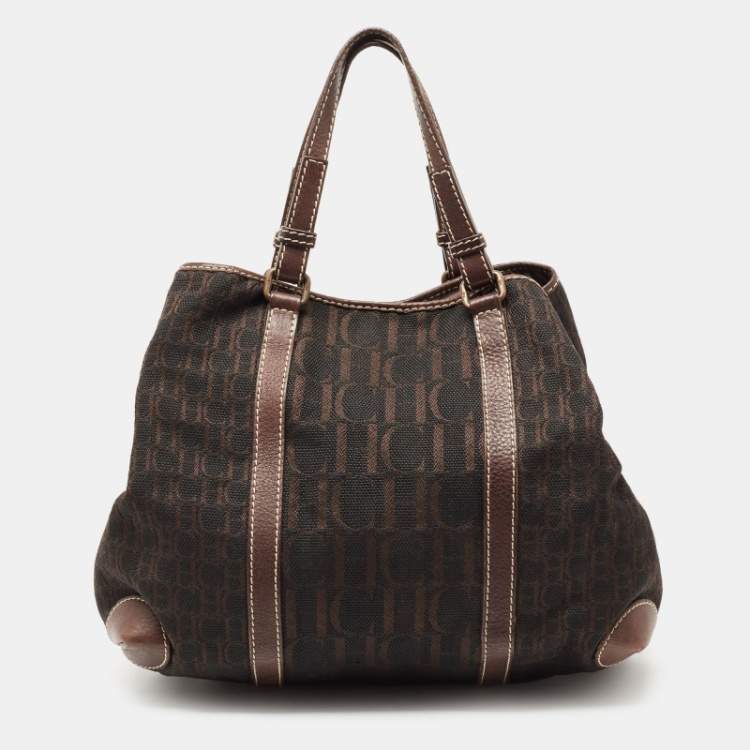 Pre Owned CH Carolina Herrera Dark Brown Monogram Canvas and Leather Front Pocket Tote
