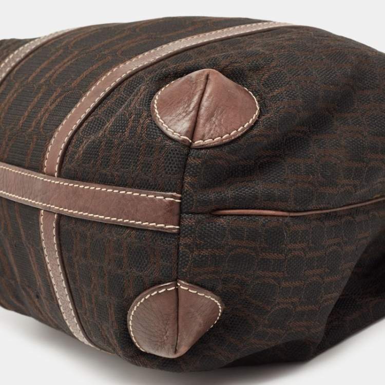 Pre Owned CH Carolina Herrera Dark Brown Monogram Canvas and Leather Front Pocket Tote