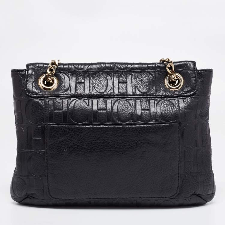 Pre Owned CH Carolina Herrera Black Monogram Leather Audrey Shoulder Bag