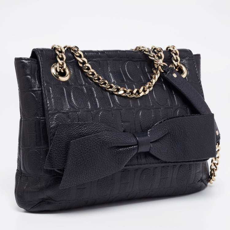 Pre Owned CH Carolina Herrera Black Monogram Leather Audrey Shoulder Bag