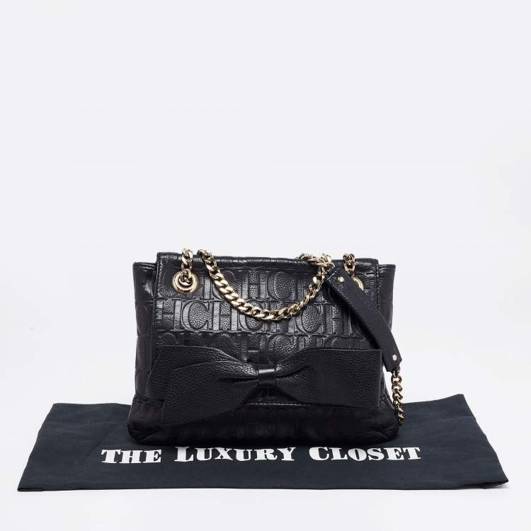Pre Owned CH Carolina Herrera Black Monogram Leather Audrey Shoulder Bag