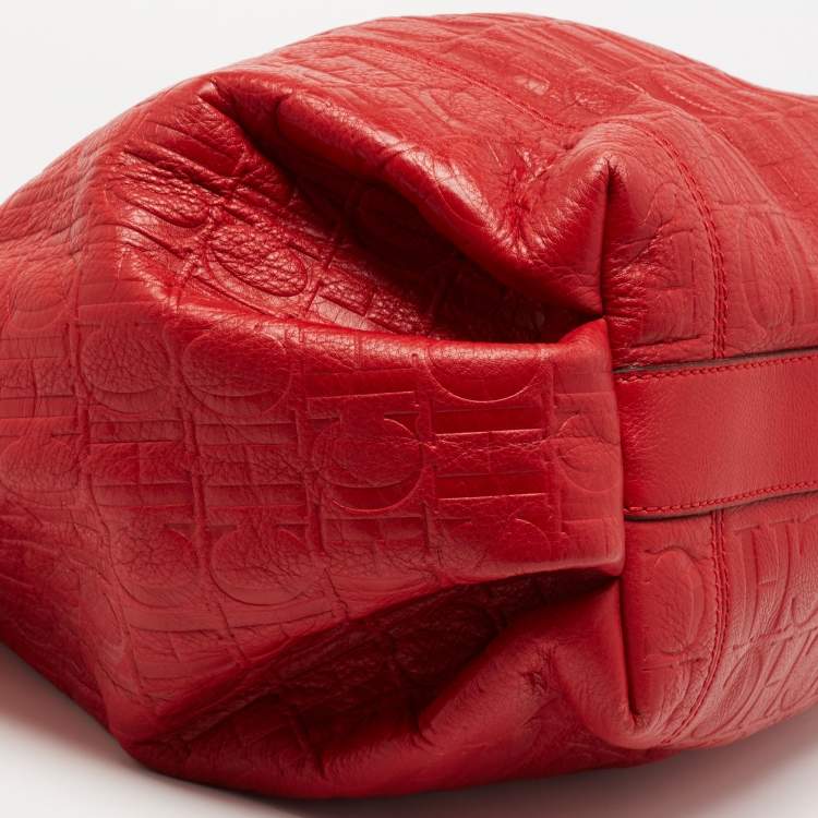 Pre Owned CH Carolina Herrera Red Monogram Embossed Leather Chain Hobo