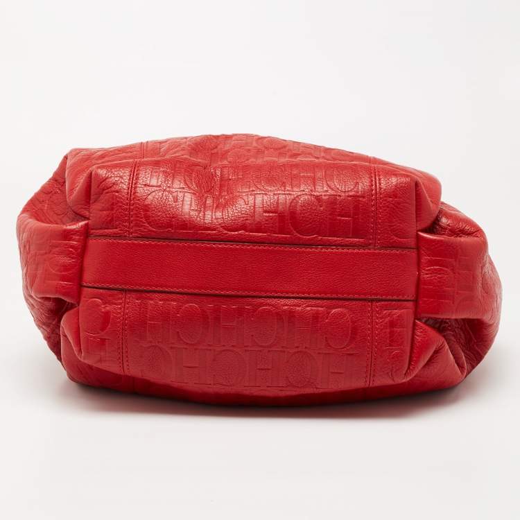 Pre Owned CH Carolina Herrera Red Monogram Embossed Leather Chain Hobo