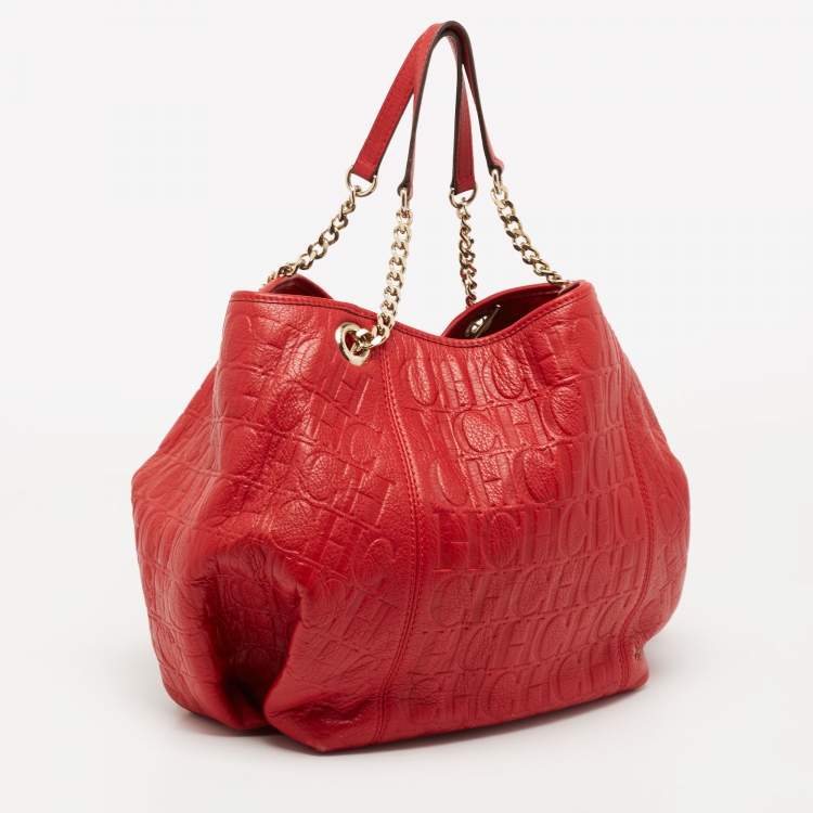 Pre Owned CH Carolina Herrera Red Monogram Embossed Leather Chain Hobo