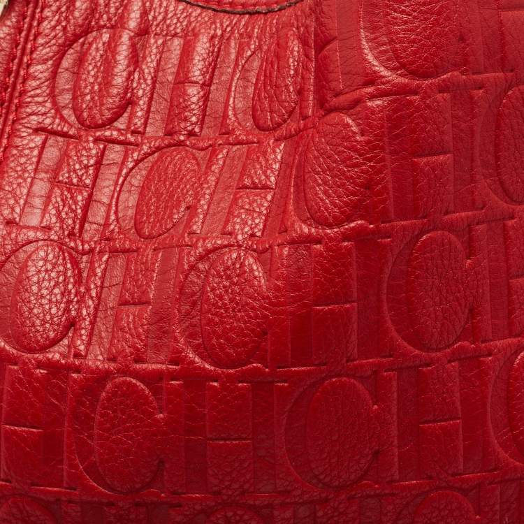 Pre Owned CH Carolina Herrera Red Monogram Embossed Leather Chain Hobo