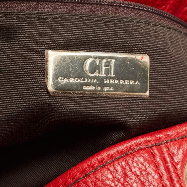Pre Owned CH Carolina Herrera Red Monogram Embossed Leather Chain Hobo
