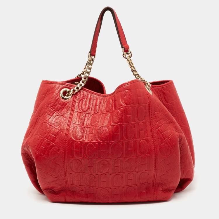 Pre Owned CH Carolina Herrera Red Monogram Embossed Leather Chain Hobo