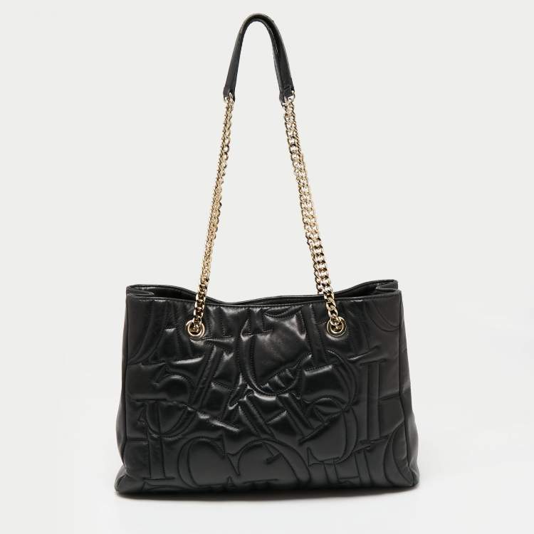 Pre Owned CH Carolina Herrera Logo Embossed Leather Chain Tote