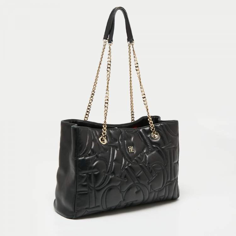 Pre Owned CH Carolina Herrera Logo Embossed Leather Chain Tote