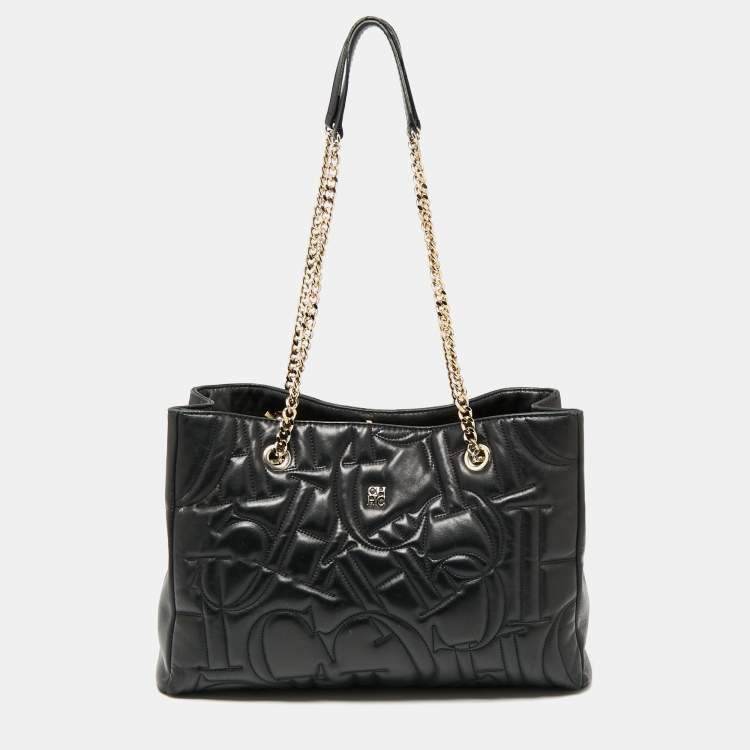 Pre Owned CH Carolina Herrera Logo Embossed Leather Chain Tote