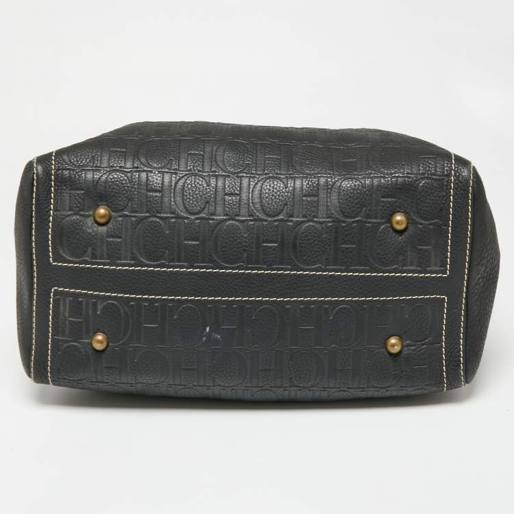 Pre Owned CH Carolina Herrera Dark Grey Monogram Embossed Leather Large Andy Boston Bag