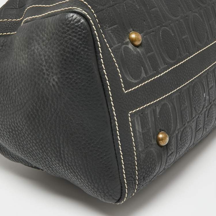 Pre Owned CH Carolina Herrera Dark Grey Monogram Embossed Leather Large Andy Boston Bag