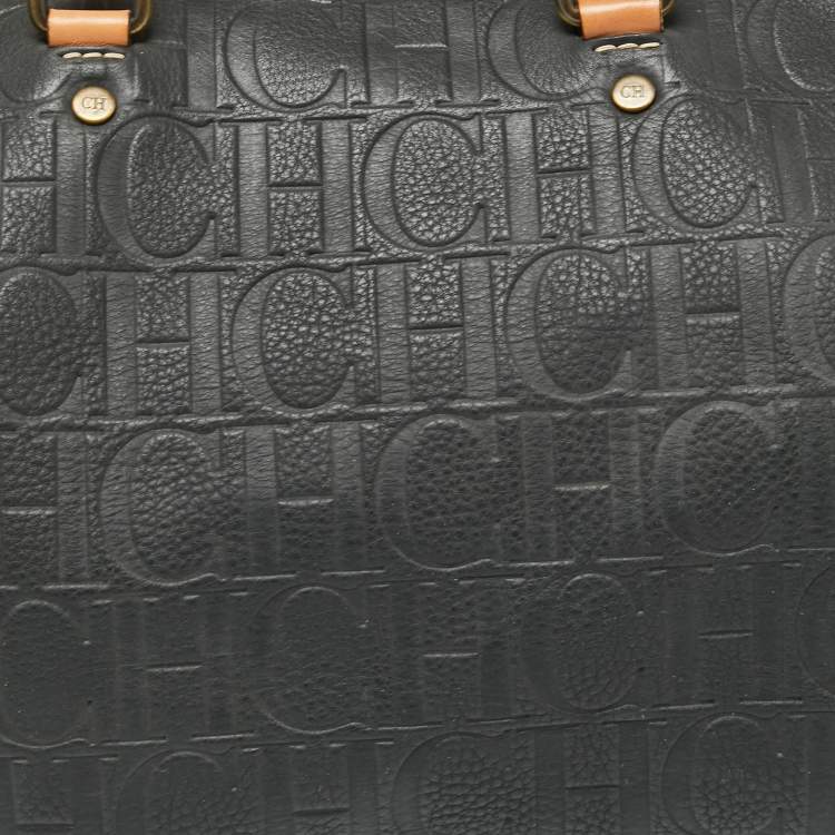 Pre Owned CH Carolina Herrera Dark Grey Monogram Embossed Leather Large Andy Boston Bag