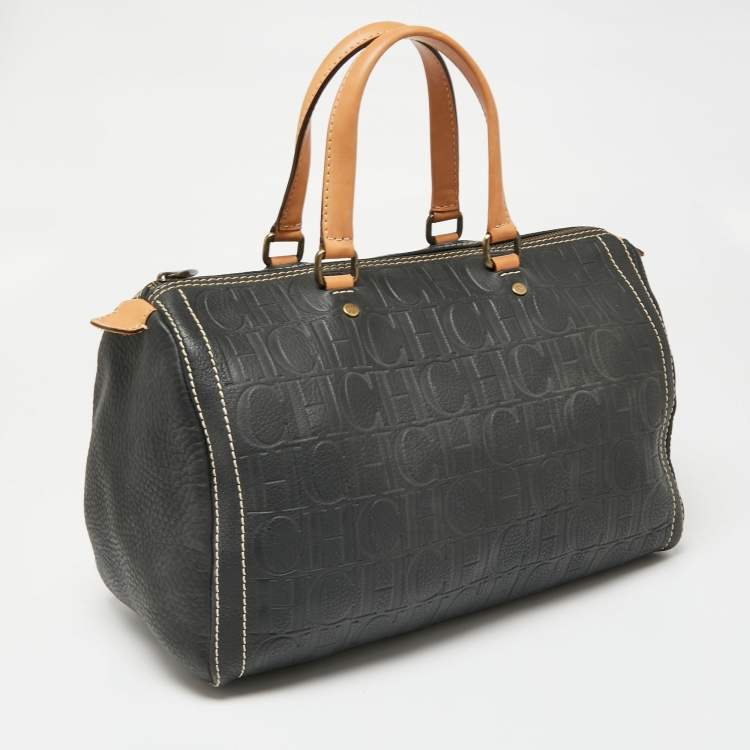 Pre Owned CH Carolina Herrera Dark Grey Monogram Embossed Leather Large Andy Boston Bag
