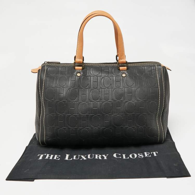 Pre Owned CH Carolina Herrera Dark Grey Monogram Embossed Leather Large Andy Boston Bag