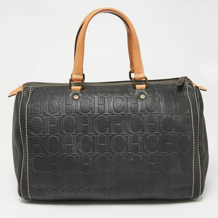 Pre Owned CH Carolina Herrera Dark Grey Monogram Embossed Leather Large Andy Boston Bag