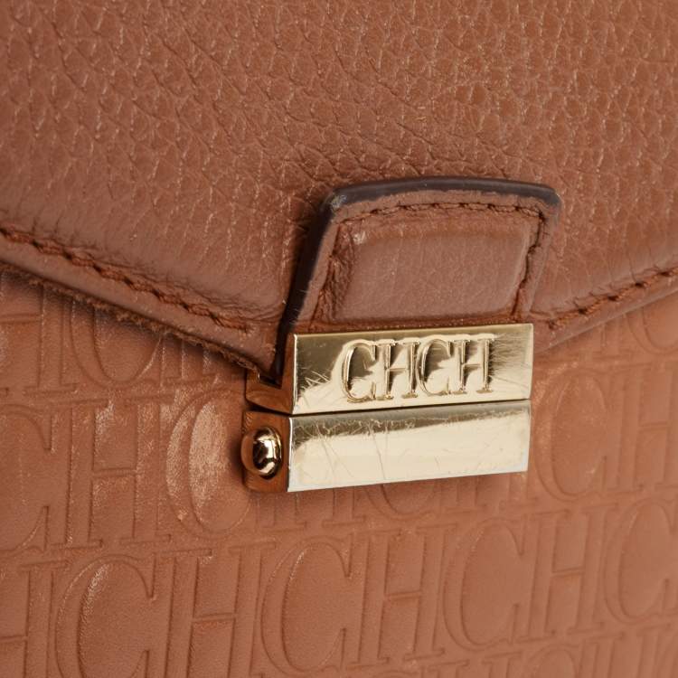 Pre Owned CH Carolina Herrera Brown Monogram Embossed Leather Push Lock Flap Top Handle Bag
