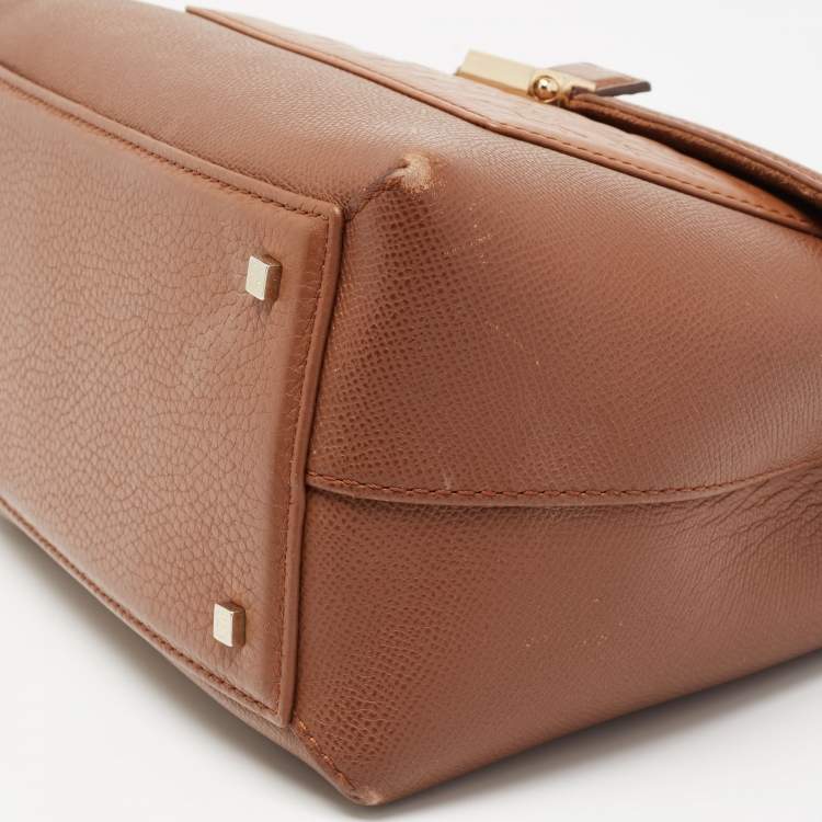 Pre Owned CH Carolina Herrera Brown Monogram Embossed Leather Push Lock Flap Top Handle Bag