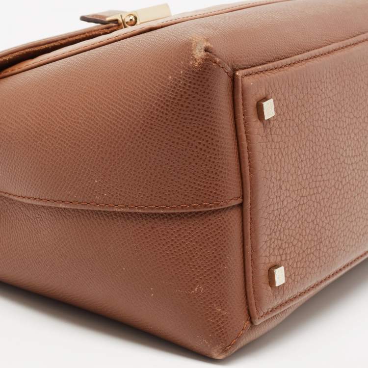 Pre Owned CH Carolina Herrera Brown Monogram Embossed Leather Push Lock Flap Top Handle Bag