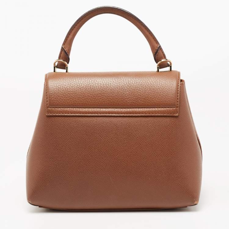 Pre Owned CH Carolina Herrera Brown Monogram Embossed Leather Push Lock Flap Top Handle Bag