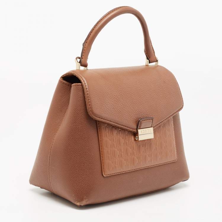 Pre Owned CH Carolina Herrera Brown Monogram Embossed Leather Push Lock Flap Top Handle Bag