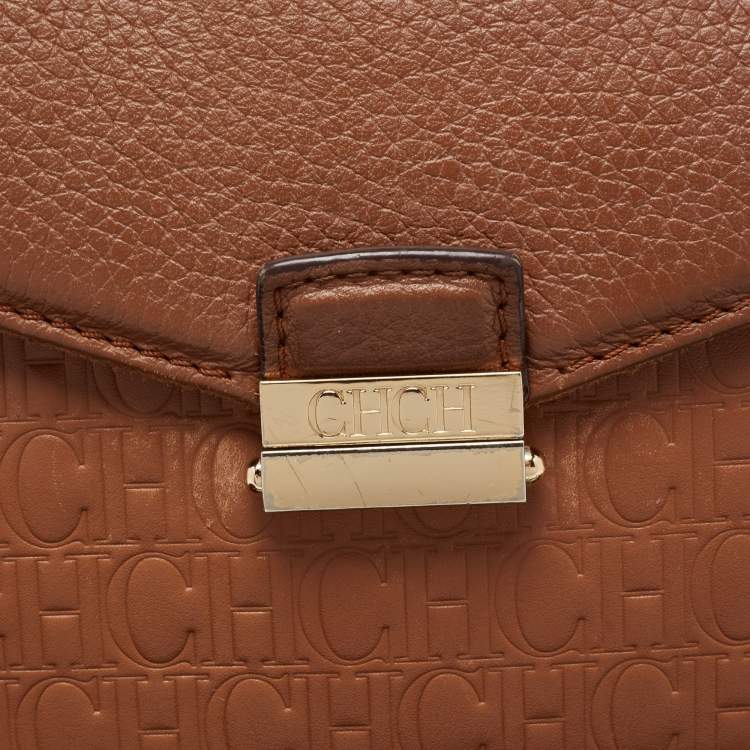 Pre Owned CH Carolina Herrera Brown Monogram Embossed Leather Push Lock Flap Top Handle Bag