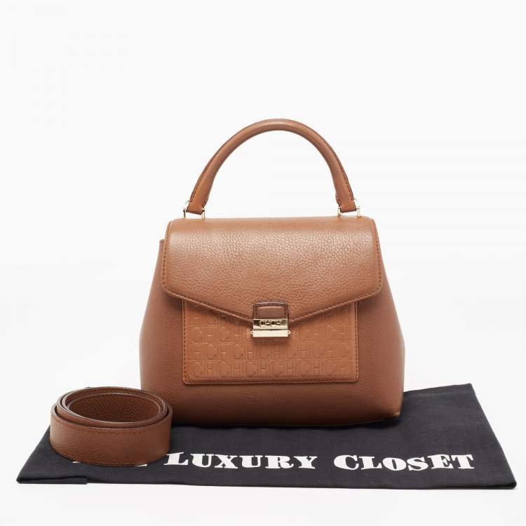 Pre Owned CH Carolina Herrera Brown Monogram Embossed Leather Push Lock Flap Top Handle Bag