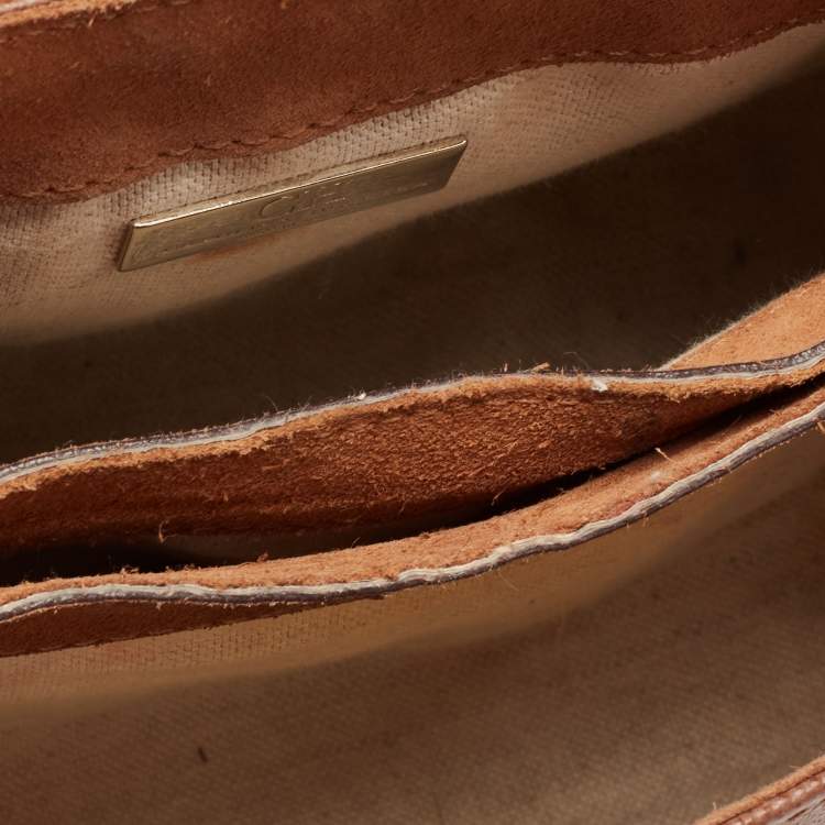 Pre Owned CH Carolina Herrera Brown Monogram Embossed Leather Push Lock Flap Top Handle Bag