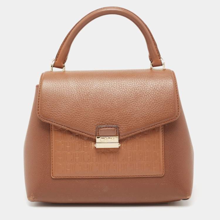 Pre Owned CH Carolina Herrera Brown Monogram Embossed Leather Push Lock Flap Top Handle Bag