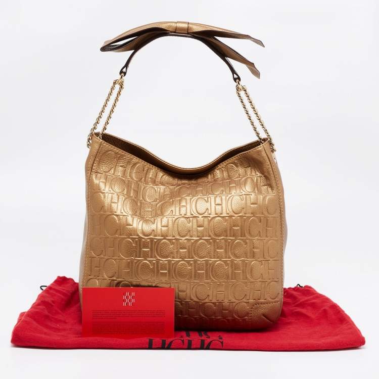 Pre Owned CH Carolina Herrera Metallic Gold Embossed Leather Chain Bow Hobo