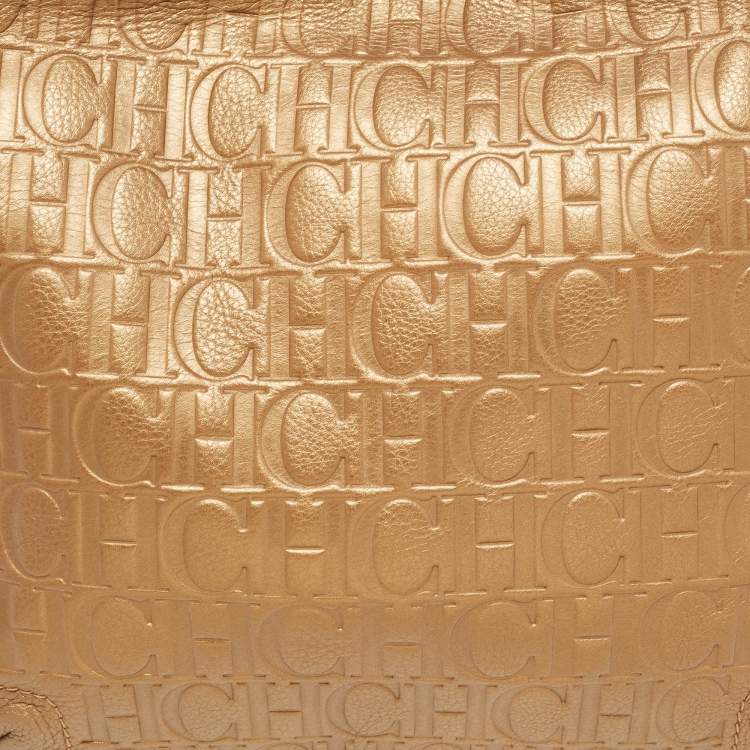 Pre Owned CH Carolina Herrera Metallic Gold Embossed Leather Chain Bow Hobo