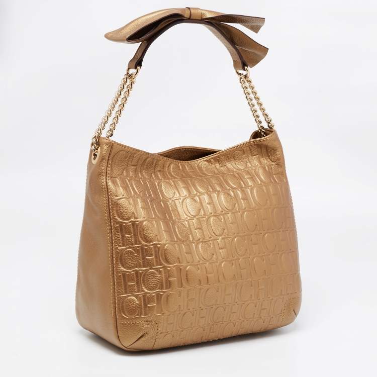 Pre Owned CH Carolina Herrera Metallic Gold Embossed Leather Chain Bow Hobo