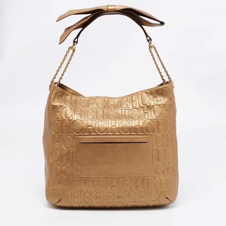 Pre Owned CH Carolina Herrera Metallic Gold Embossed Leather Chain Bow Hobo