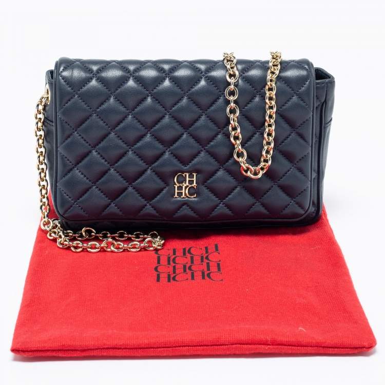 Pre Owned CH Carolina Herrera Blue Quilted Leather Flap Chain Shoulder Bag