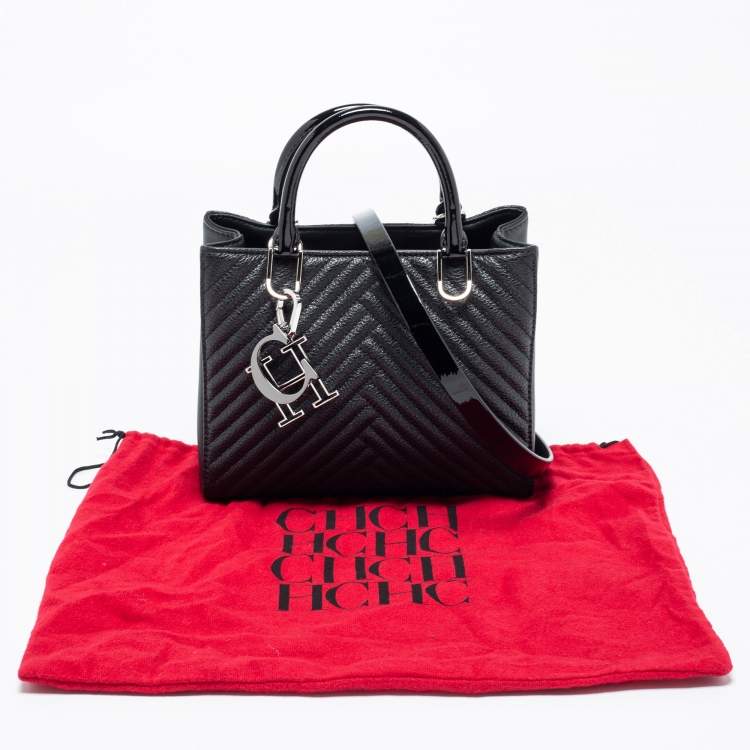 Pre Owned CH Carolina Herrera Black Leather and Patent Leather Small Tote